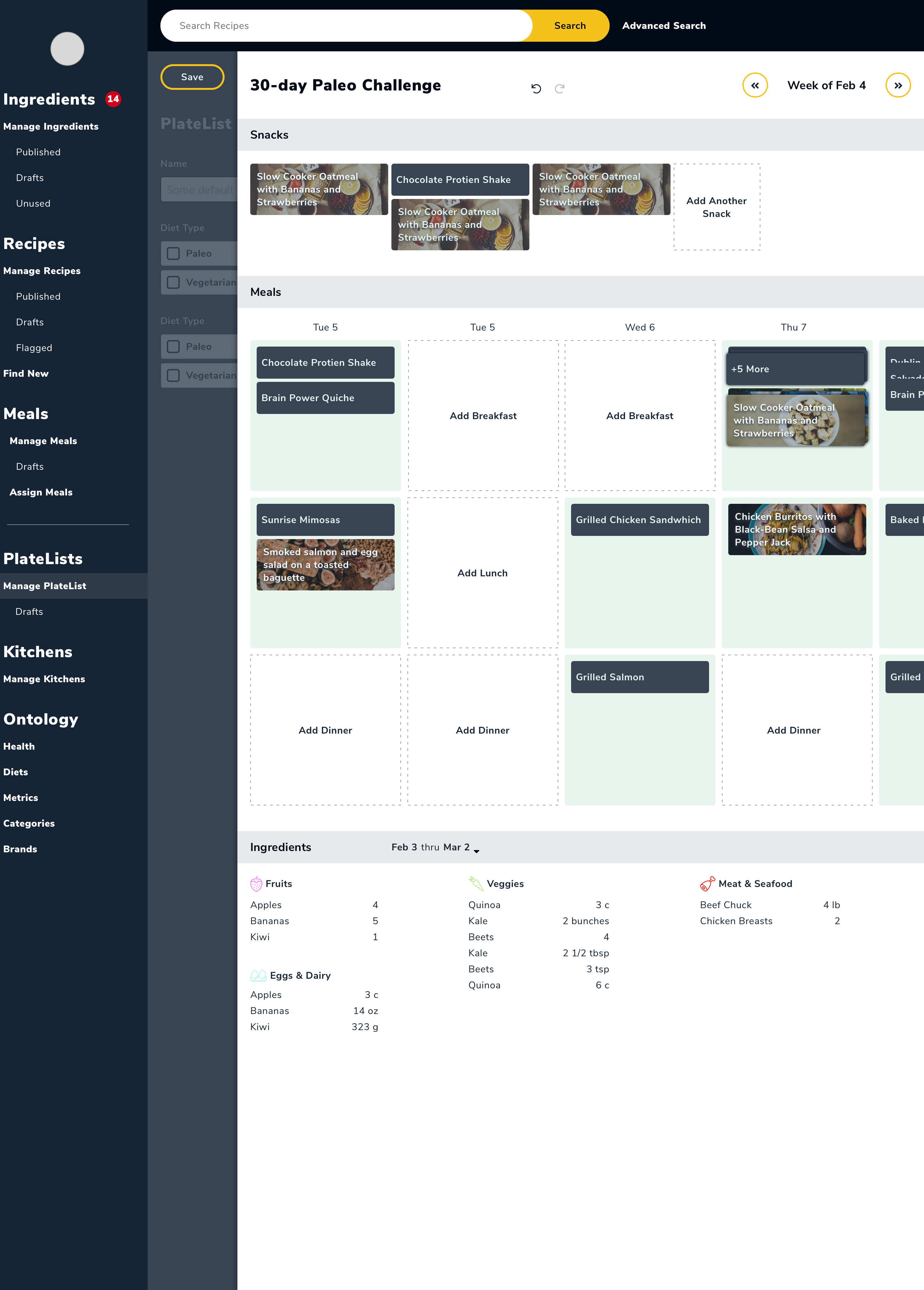 View of recipe content management.